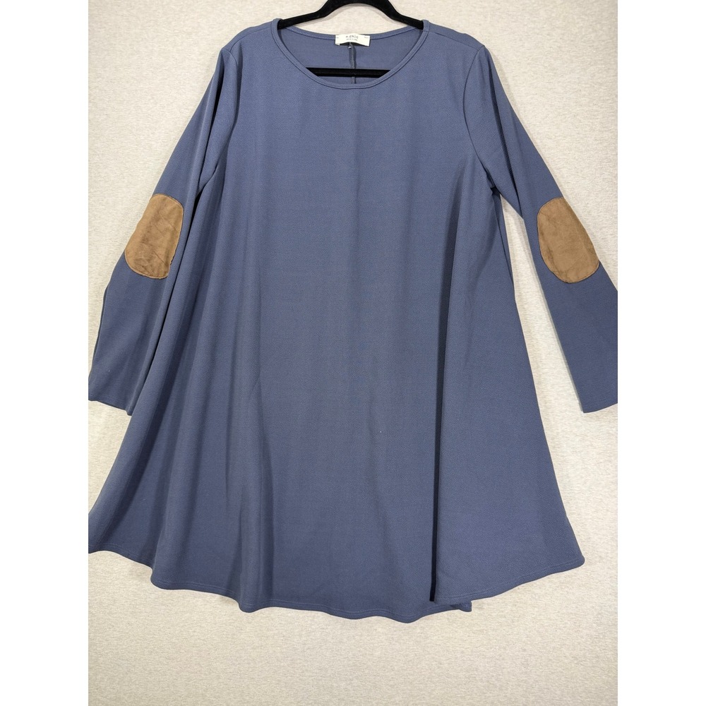 a.gain‎ Tunic Top Womens 2XL Blue Excellent Elbow Patches Long Sleeve Flare